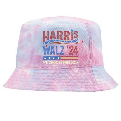 Harris Walz 2024 We Choose Freedom Us Flag Vintage Tie-Dyed Bucket Hat