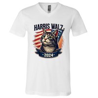 Harris Walz 2024 Funny Cat Kamala Harris Tim Walz Waltz V-Neck T-Shirt