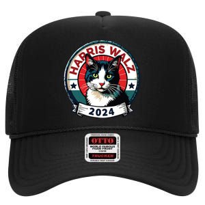 Harris Walz 2024 Funny Cat Election Kamala Harris Tim Waltz High Crown Mesh Back Trucker Hat