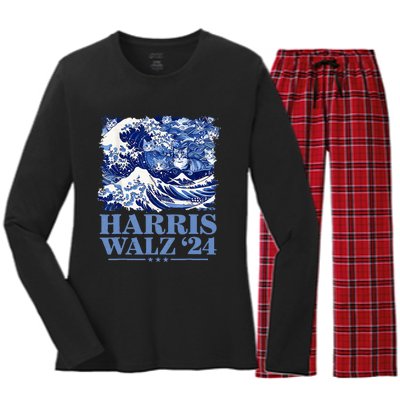 Harris Waltz 2024 Cute Wave Of Blue Cats For Kamala Harris Women's Long Sleeve Flannel Pajama Set 