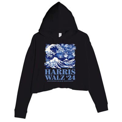 Harris Waltz 2024 Cute Wave Of Blue Cats For Kamala Harris Crop Fleece Hoodie