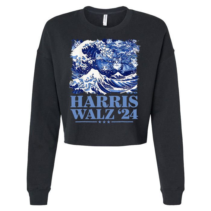 Harris Waltz 2024 Cute Wave Of Blue Cats For Kamala Harris Cropped Pullover Crew