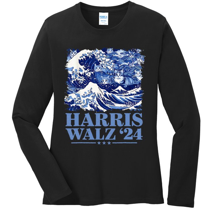 Harris Waltz 2024 Cute Wave Of Blue Cats For Kamala Harris Ladies Long Sleeve Shirt