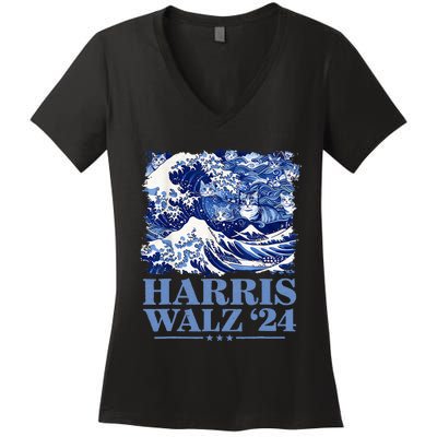 Harris Waltz 2024 Cute Wave Of Blue Cats For Kamala Harris Women's V-Neck T-Shirt