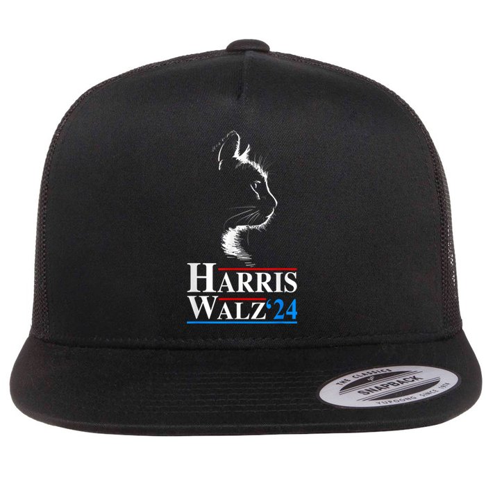 Harris Waltz 2024 Election Funny Cat Kamala Harris Tim Walz Flat Bill Trucker Hat