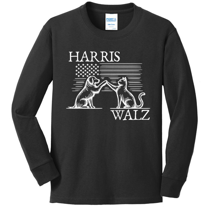 Harris Walz 2024 President American Flag Kamala Harris Waltz Kids Long Sleeve Shirt