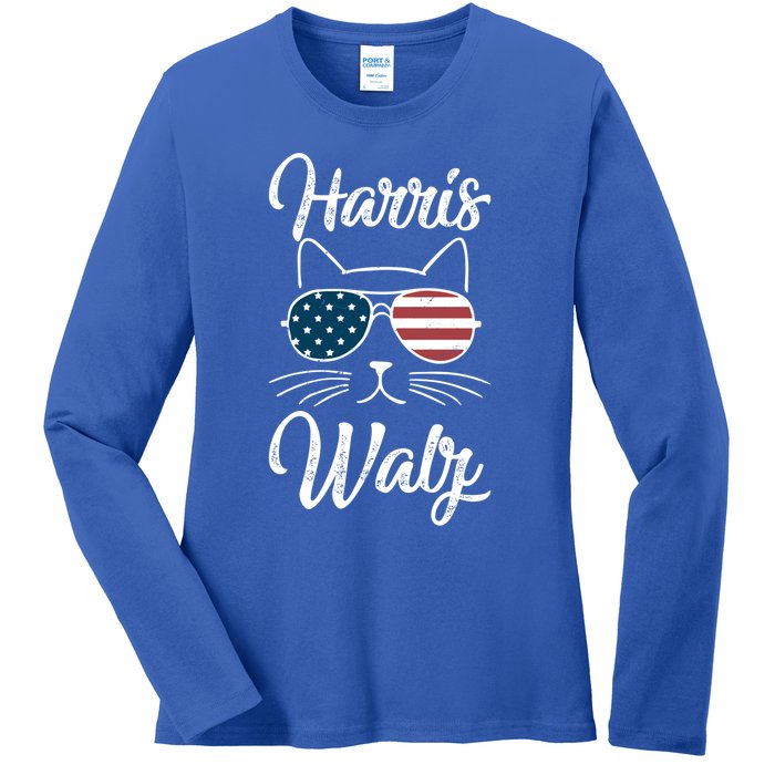 Harris Walz 2024 Kamala Harris Tim Waltz 2024 Usa Flag Cat Gift Ladies Long Sleeve Shirt