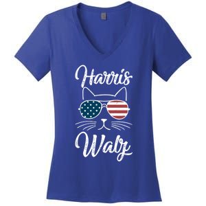 Harris Walz 2024 Kamala Harris Tim Waltz 2024 Usa Flag Cat Gift Women's V-Neck T-Shirt