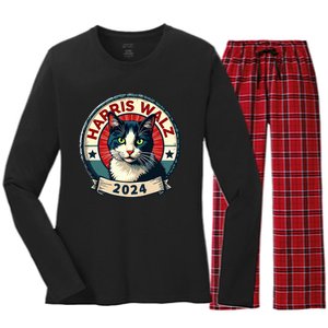 Harris Walz 2024 Funny Cat Election Kamala Harris Tim Waltz Women's Long Sleeve Flannel Pajama Set 