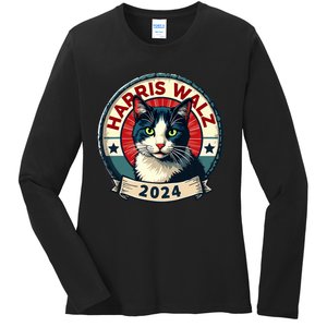 Harris Walz 2024 Funny Cat Election Kamala Harris Tim Waltz Ladies Long Sleeve Shirt