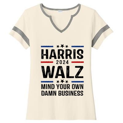 Harris Walz 2024 Mind Your Own Damn Business Ladies Halftime Notch Neck Tee