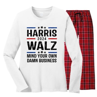 Harris Walz 2024 Mind Your Own Damn Business Women's Long Sleeve Flannel Pajama Set 