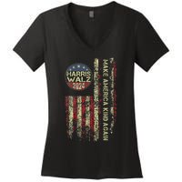 Harris Waltz 2024 Vintage America Flag Women's V-Neck T-Shirt