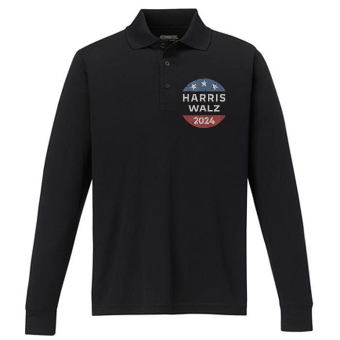 Harris Walz 2024 Retro Vintage Button Campaign Performance Long Sleeve Polo