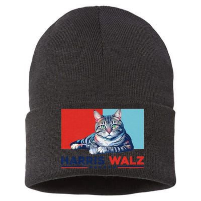 Harris Walz 2024 Funny Cat Election Kamala Harris Sustainable Knit Beanie