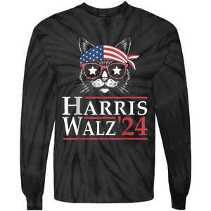 Harris Walz 2024 Funny Cat Election Kamala Harris Tim Waltz Tie-Dye Long Sleeve Shirt