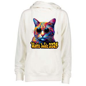 Harris Walz 2024 Funny Cat Election Kamala Harris Tim Waltz Womens Funnel Neck Pullover Hood