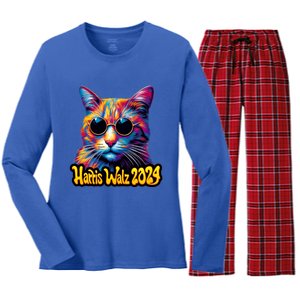 Harris Walz 2024 Funny Cat Election Kamala Harris Tim Waltz Women's Long Sleeve Flannel Pajama Set 