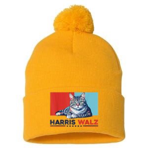 Harris Walz 2024 Funny Cat Election Kamala Harris Pom Pom 12in Knit Beanie