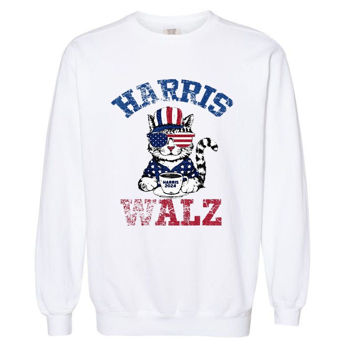 Harris Waltz 2024 Election Cat Kamala Harris Coffee Tim Walz Garment-Dyed Sweatshirt