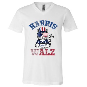 Harris Waltz 2024 Election Cat Kamala Harris Coffee Tim Walz V-Neck T-Shirt