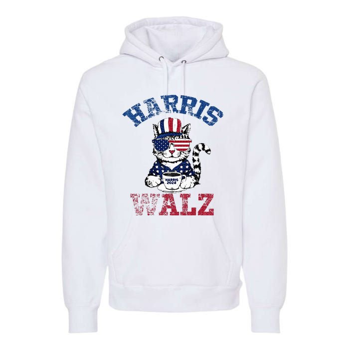 Harris Waltz 2024 Election Cat Kamala Harris Coffee Tim Walz Premium Hoodie