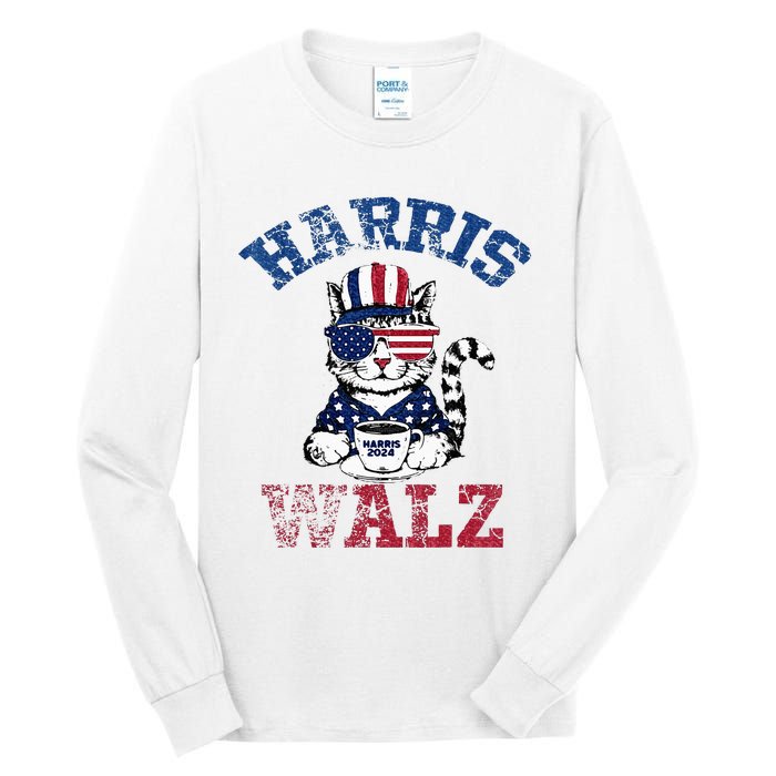 Harris Waltz 2024 Election Cat Kamala Harris Coffee Tim Walz Tall Long Sleeve T-Shirt