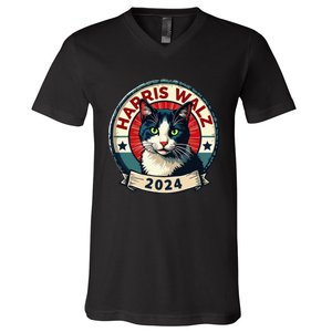 Harris Walz 2024 Funny Cat Election Kamala Harris Tim Waltz V-Neck T-Shirt