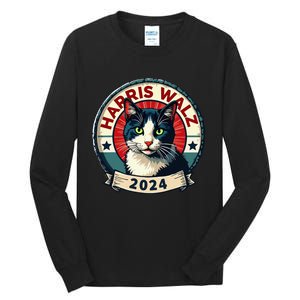 Harris Walz 2024 Funny Cat Election Kamala Harris Tim Waltz Tall Long Sleeve T-Shirt