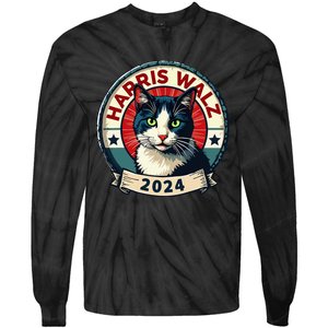 Harris Walz 2024 Funny Cat Election Kamala Harris Tim Waltz Tie-Dye Long Sleeve Shirt