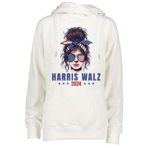 Harris Walz 2024 American Flag Messy Bun Womens Funnel Neck Pullover Hood