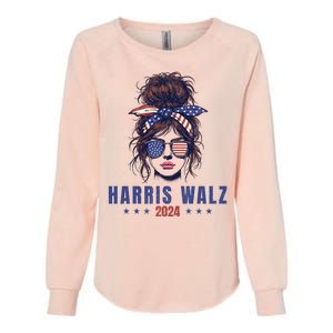 Harris Walz 2024 American Flag Messy Bun Womens California Wash Sweatshirt