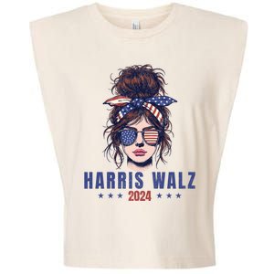 Harris Walz 2024 American Flag Messy Bun Garment-Dyed Women's Muscle Tee