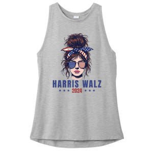 Harris Walz 2024 American Flag Messy Bun Ladies PosiCharge Tri-Blend Wicking Tank