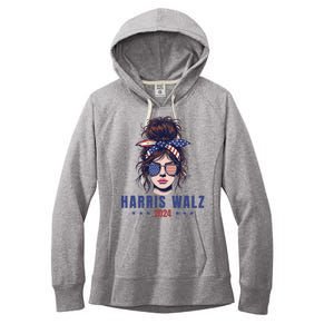 Harris Walz 2024 American Flag Messy Bun Women's Fleece Hoodie