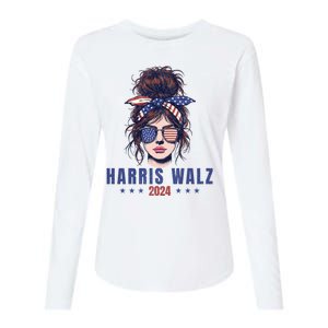 Harris Walz 2024 American Flag Messy Bun Womens Cotton Relaxed Long Sleeve T-Shirt