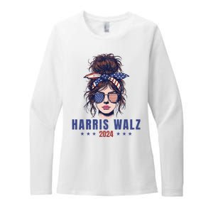 Harris Walz 2024 American Flag Messy Bun Womens CVC Long Sleeve Shirt