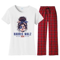 Harris Walz 2024 American Flag Messy Bun Women's Flannel Pajama Set