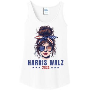 Harris Walz 2024 American Flag Messy Bun Ladies Essential Tank