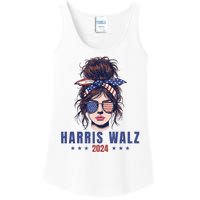 Harris Walz 2024 American Flag Messy Bun Ladies Essential Tank