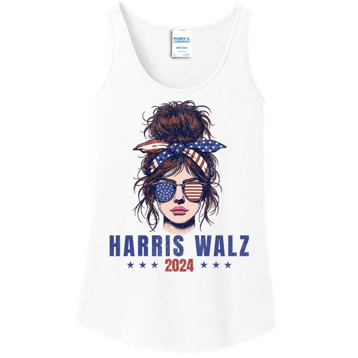 Harris Walz 2024 American Flag Messy Bun Ladies Essential Tank