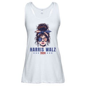 Harris Walz 2024 American Flag Messy Bun Ladies Essential Flowy Tank