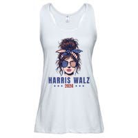 Harris Walz 2024 American Flag Messy Bun Ladies Essential Flowy Tank