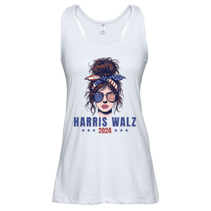 Harris Walz 2024 American Flag Messy Bun Ladies Essential Flowy Tank