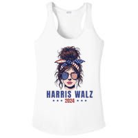 Harris Walz 2024 American Flag Messy Bun Ladies PosiCharge Competitor Racerback Tank