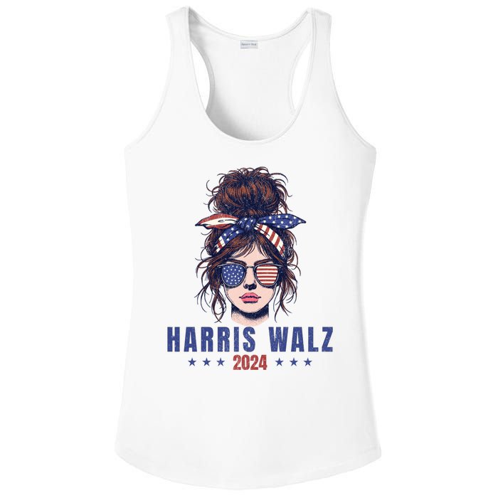 Harris Walz 2024 American Flag Messy Bun Ladies PosiCharge Competitor Racerback Tank