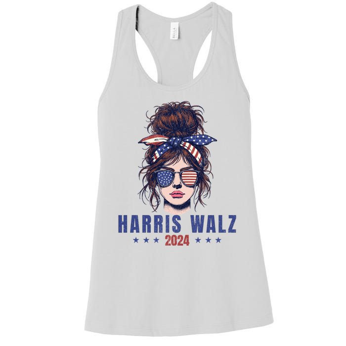 Harris Walz 2024 American Flag Messy Bun Women's Racerback Tank