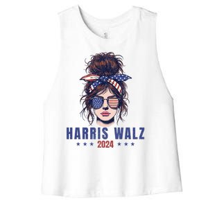 Harris Walz 2024 American Flag Messy Bun Women's Racerback Cropped Tank