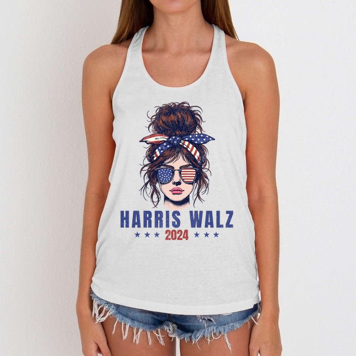 Harris Walz 2024 American Flag Messy Bun Women's Knotted Racerback Tank