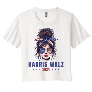 Harris Walz 2024 American Flag Messy Bun Women's Crop Top Tee